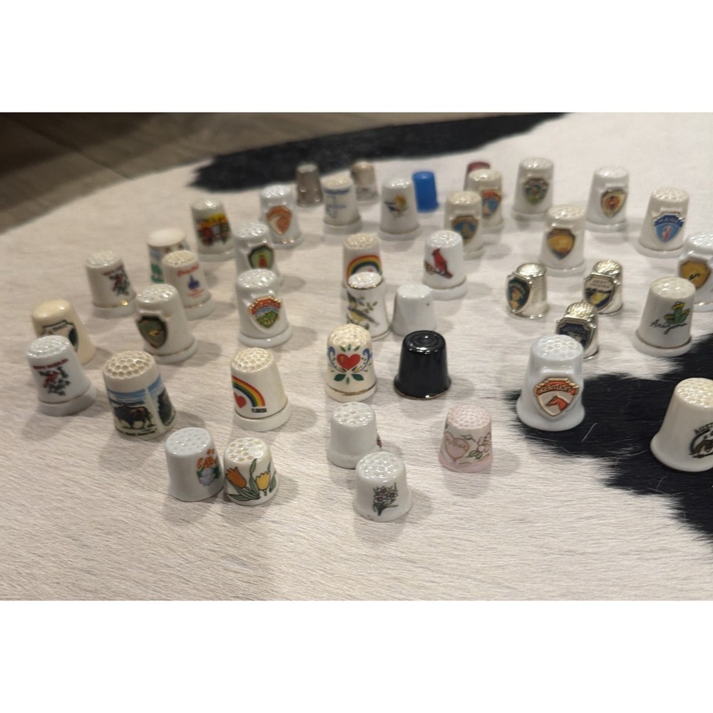 Vtg Lot Of 43 Porcelain, Metal, Plastic Thimbles Incl States Flowers Misc